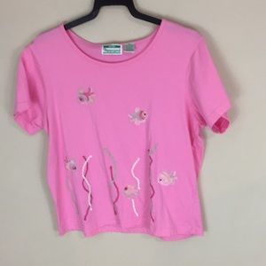 Vintage Shenanigans Petite Pink Pastel Embroidered Fish Beach Tee Top PL